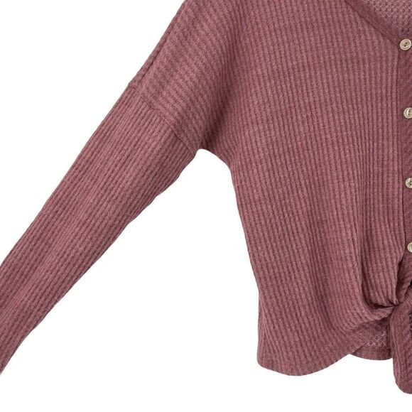 Altard State Top V Neck Long Sleeve Waffle Knit Tie Knot Button Front Size Small - Picture 5 of 9